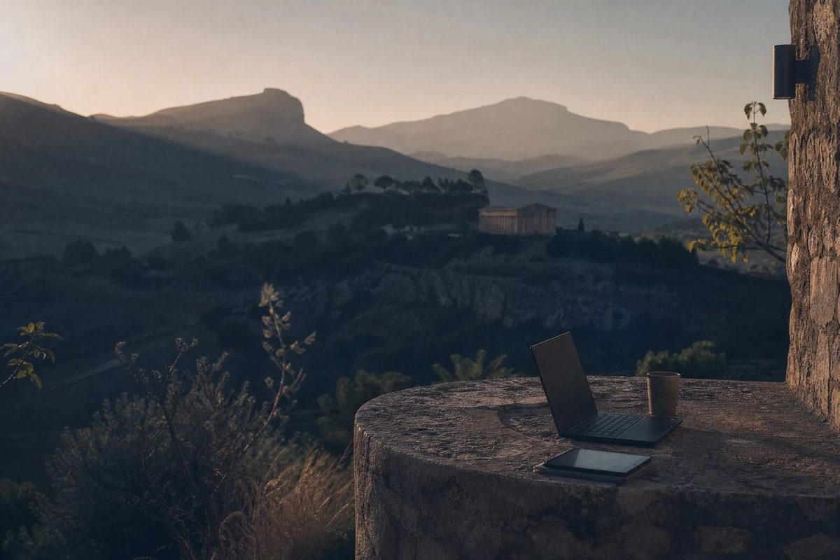 Postazione di lavoro all'aperto con vista sulle colline di Segesta